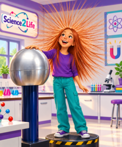 Cartoon girl touching a Van de Graaff generator, with her long red hair standing on end during a static electricity demonstration in a Science2Life laboratory.