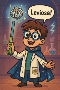 image of magical boy holding an electro-leviosa wand