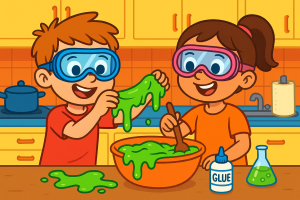 Two children wearing colourful safety goggles make bright green slime together in a kitchen, mixing glue and ingredients in a bowl during a fun science activity.