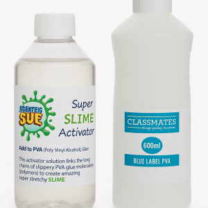 A bottle of slime activator and a bottle of PVA glue