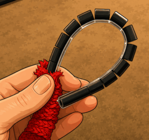 A close-up cartoon illustration of the inside of a magic rope. A clear plastic strip with small black plastic segments is shown emerging from the red rope covering, revealing the hidden engineering that allows the rope to switch between flexible and rigid positions.