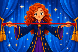 A cartoon young wizard with curly red hair and a star-covered blue robe holds a bright red rope stretched horizontally between both hands. The rope appears rigid and straight as the wizard stands on a magical stage surrounded by stars and blue curtains.