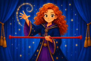 Cartoon young wizard in blue and purple robes holding a rigid red magic rope horizontally with one hand while casting a spell with the other. The rope appears frozen in place against a starry theatre-stage background.