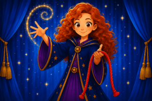 A cartoon young wizard with curly red hair and a blue robe decorated with gold stars stands on a magical stage. One hand is raised as if casting a spell while the other holds a red rope that hangs softly in a loop, showing that the spell has been broken and the rope is flexible again.
