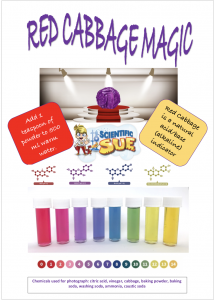 Demonstrates the possible colours achieved when a range of chemicals are added to the purple juice.