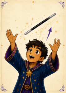 Cartoon illustration of a smiling young wizard in blue robes throwing a magically appearing wand into the air. The wand springs open above him as golden sparkles swirl around, demonstrating a fun magic trick.