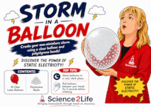 Poster for Science2Life's "Storm in a Balloon" activity. A cartoon version of Scientific Sue, wearing a red Science2Life lab coat, holds a clear balloon filled with white polystyrene beads. The poster explains how to create a miniature storm using static electricity, lists the kit contents (clear latex balloons and polystyrene beads), and includes storage and preparation tips. Blue, red and yellow lightning-themed graphics decorate the white background.