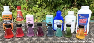 A row of small flasks filled with red cabbage indicator showing a range of colours from red to green, placed in front of household chemicals like vinegar, baking powder, and caustic soda.