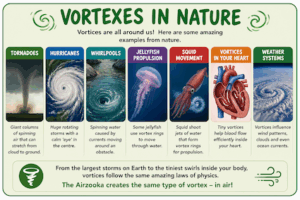 Illustrated educational poster showing natural vortexes including tornadoes, hurricanes, whirlpools, jellyfish propulsion, squid movement, tiny vortexes inside the human heart and large weather systems, explaining that the Airzooka creates the same type of vortex ring in air.