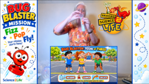 Scientific Sue demonstrates Bug Blaster equipment, with an illustrated guide showing pupils’ roles: measure, launch and collect.