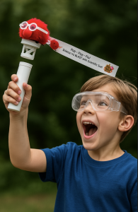 A young boy wearing safety goggles launches a red fluffy pom-pom bug with glasses and a ribbon reading “Pop – Fizz – Fly! Science is a BLAST with Scientific Sue!” using a white plastic tube, smiling in surprise and excitement.