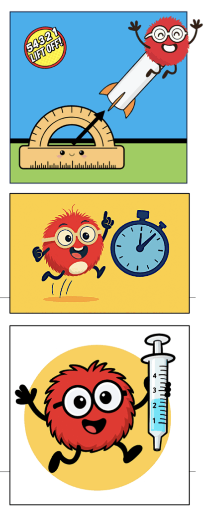 Illustration showing the three Bug Blaster STEM investigations: launch angle challenge, fuel efficiency investigation, and water volume launch power experiment.