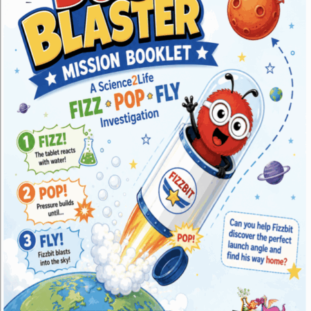 Cover of the Bug Blaster Mission Booklet showing Fizzbit the Bugstronaut blasting into space in a fizz-powered rocket and inviting children to discover the perfect launch angle.