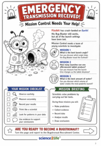 Illustrated page from the Science2Life Fizz-Pop-Fly pupil booklet showing Fizzbit the Bugstronaut beside his crashed spacecraft and introducing three science investigation missions about launch angle, tablet launches and water volume.
