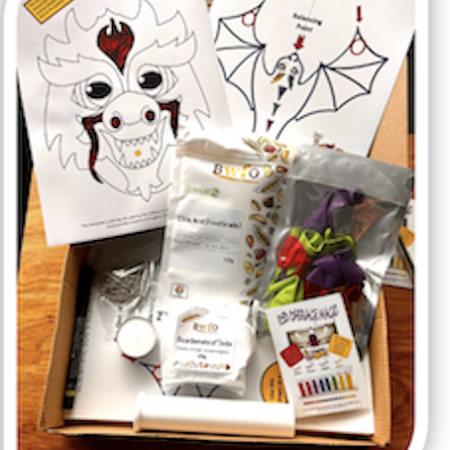 Contents of the Science of Dragons activity kit, including experiment materials, instruction packs, and dragon-themed artwork.
