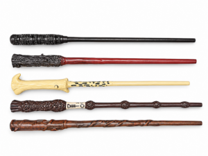 Five Incendio wand designs on a white background, top to bottom: Severus Snape, Harry Potter, Voldemort, Professor Dumbledore and Hermione Granger.