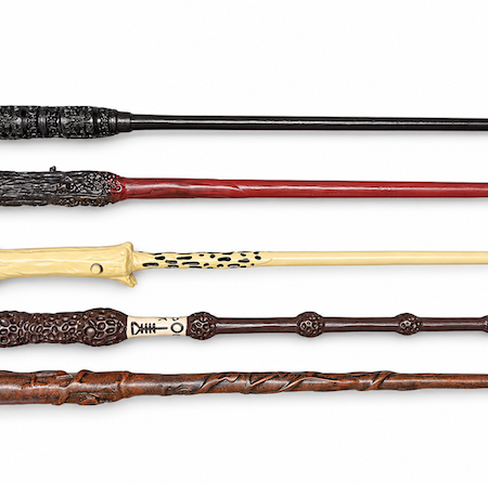 Five Incendio wand designs on a white background, top to bottom: Severus Snape, Harry Potter, Voldemort, Professor Dumbledore and Hermione Granger.