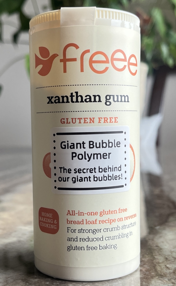 Freee brand xanthan gum container labeled as the secret polymer in Scientific Sue’s giant bubble recipe
