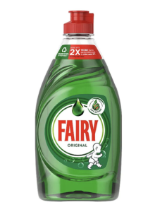 Bottle of green Fairy Original washing-up liquid with red cap, part of the Bubbleology Kit