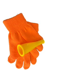 A pair of orange magic gloves with a yellow bubble-blowing tube resting on top.