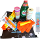 The Bubbleology Science Kit displayed on a surface. The kit includes Fairy Liquid, bicarbonate of soda, xanthan gum, a bubble blower, orange gloves, yellow bubble wands, a tri-string rope wand, Bouncing foam soap and a black Science2Life drawstring bag with a chemistry-themed design.