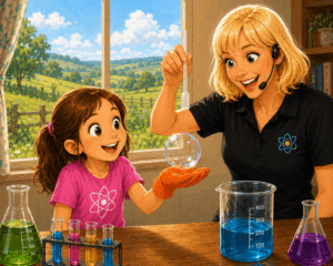 Illustrated scene showing a smiling science presenter demonstrating a giant bubble experiment with a young girl wearing an orange glove. The child watches in amazement as a large transparent bubble forms while colourful science beakers sit on the table beside them.