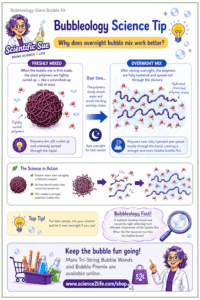 Educational Bubbleology poster featuring Scientific Sue explaining why overnight bubble mix works better, with diagrams comparing freshly mixed and overnight bubble solutions and illustrations of hydrated polymers.