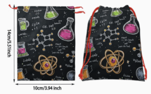 Science-themed drawstring backpack with colourful chemistry flask and atom design included with the Bubbleology Giant Bubble Kit.