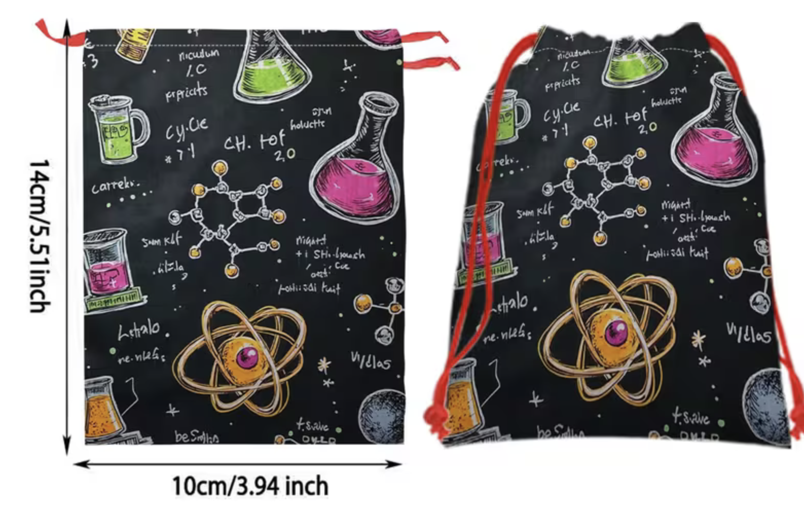 Two black drawstring gift bags featuring colourful science-themed illustrations, including chemistry flasks, molecular structures, and atomic symbols. The image shows both the front and back of the bags with red drawstrings. Dimensions are labelled as approximately 14 cm tall by 10 cm wide.