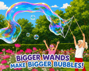 Scientific Sue and a child in a colourful garden use a giant triangular bubble wand to create a huge rainbow soap bubble floating through the air on a sunny day.