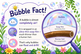 Educational Bubbleology infographic showing that a bubble is almost completely air and surrounded by an ultra-thin soap film thinner than a human hair.