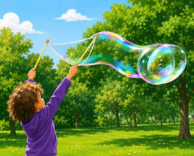 Child using a tri-string bubble wand outdoors to create a giant colourful soap bubble in a park.