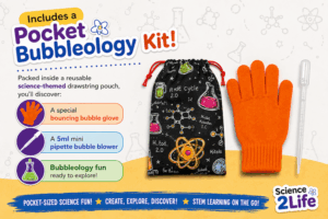 Colourful promotional graphic for a “Pocket Bubbleology Kit” featuring a reusable science-themed drawstring pouch, a bright orange bouncing bubble glove, and a 5ml pipette bubble blower. The design includes playful science illustrations, chemistry doodles, and text describing the mini bubble science kit.