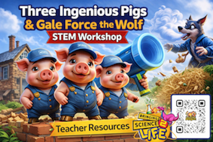 Three Ingenious Pigs STEM workshop featuring pig engineers, wind forces, and building challenges.