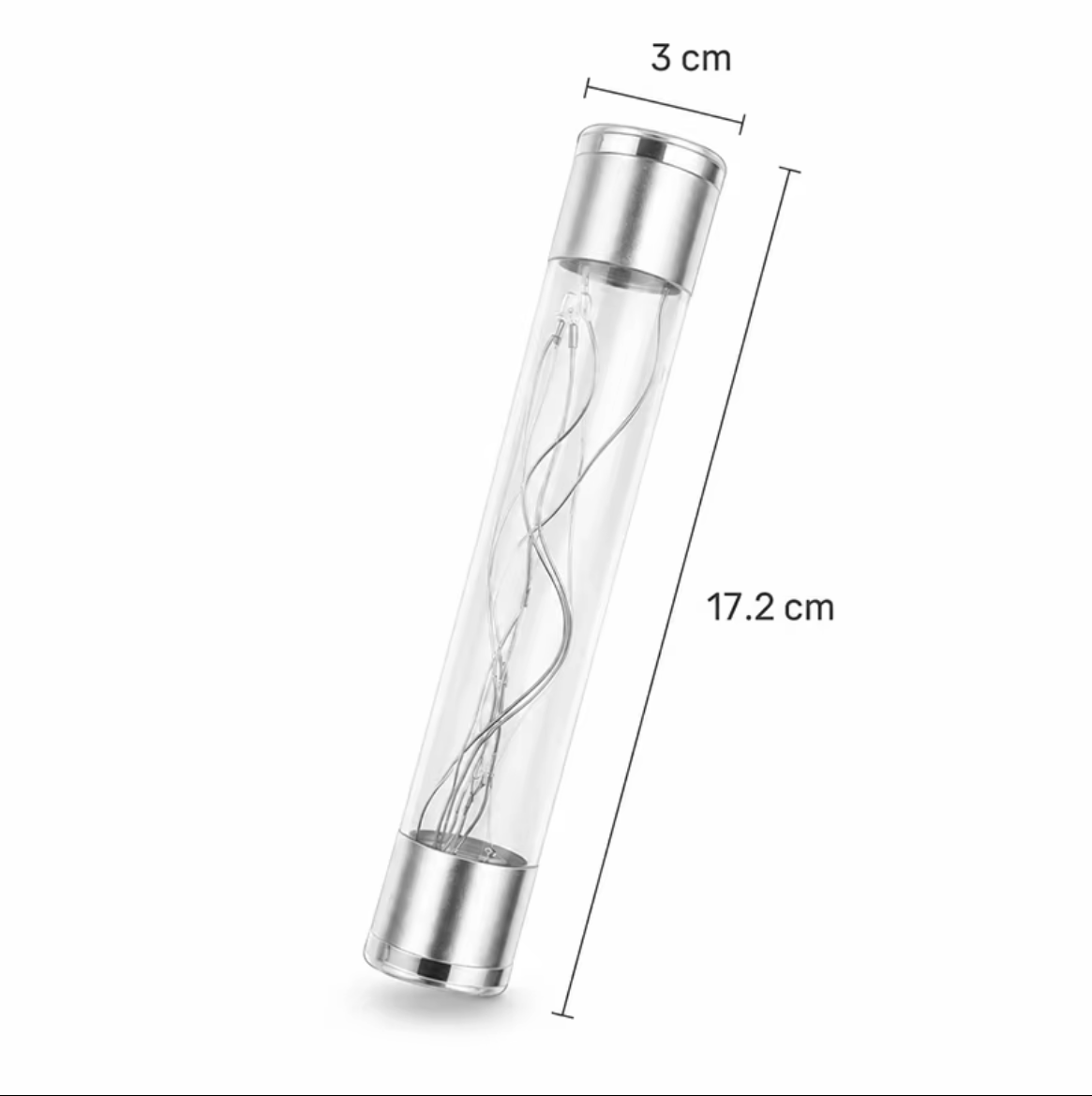 Clear touch-activated light-up stick with silver ends, measuring 17.2 cm long and 3 cm wide.