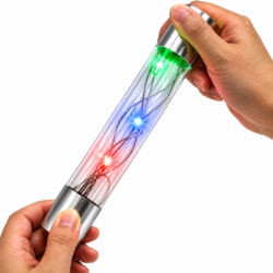 Two hands touch opposite ends of a clear stick, lighting its red, blue and green LEDs.