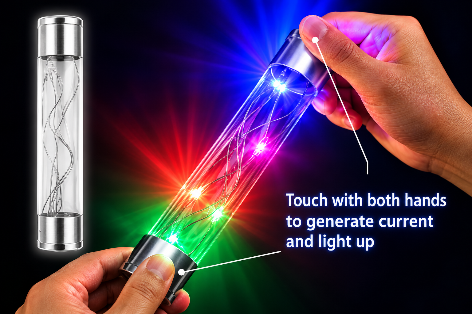 Two hands touch a clear light-up stick, making its blue and pink LEDs glow.