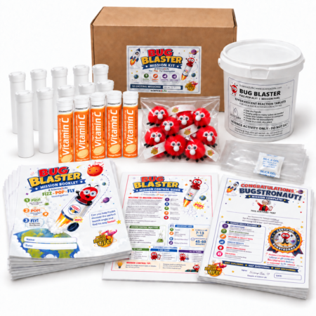 Bug Blaster kit with box, bucket, learning resources, mascots, 10 white launch tubes and 5 effervescent tablet tubes.