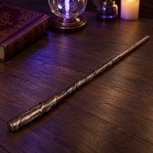 Hermione Granger-style brown wand with raised vine detailing, displayed diagonally on a dark wooden table.