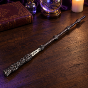 Dumbledore-style Elder Wand with textured rounded sections and a cream decorative band, displayed on a dark wooden table.