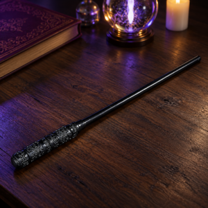 Severus Snape-style black wand with an ornate textured handle, displayed diagonally on a dark wooden table.