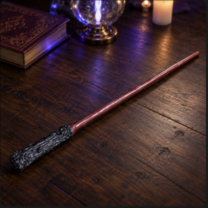 Harry Potter-style wand with a reddish-brown shaft and textured black handle, displayed on a dark wooden table.